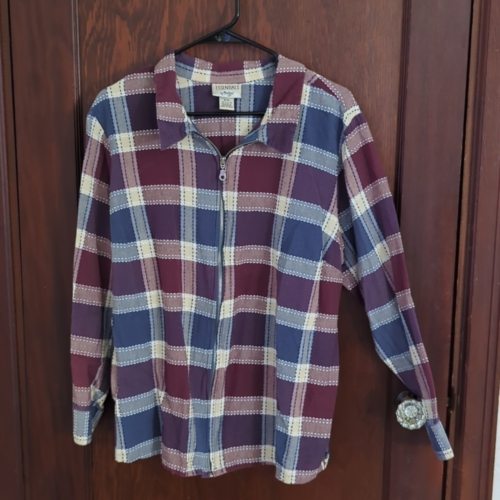 Essentials by Maggie Blue & Pink Plaid Zip Front Collar Shirt Size 18/20